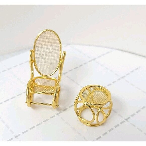 Vintage Mid Century Miniature Gold Tone Rocking Chair And Coffee Table Dollhouse - Picture 2 of 4